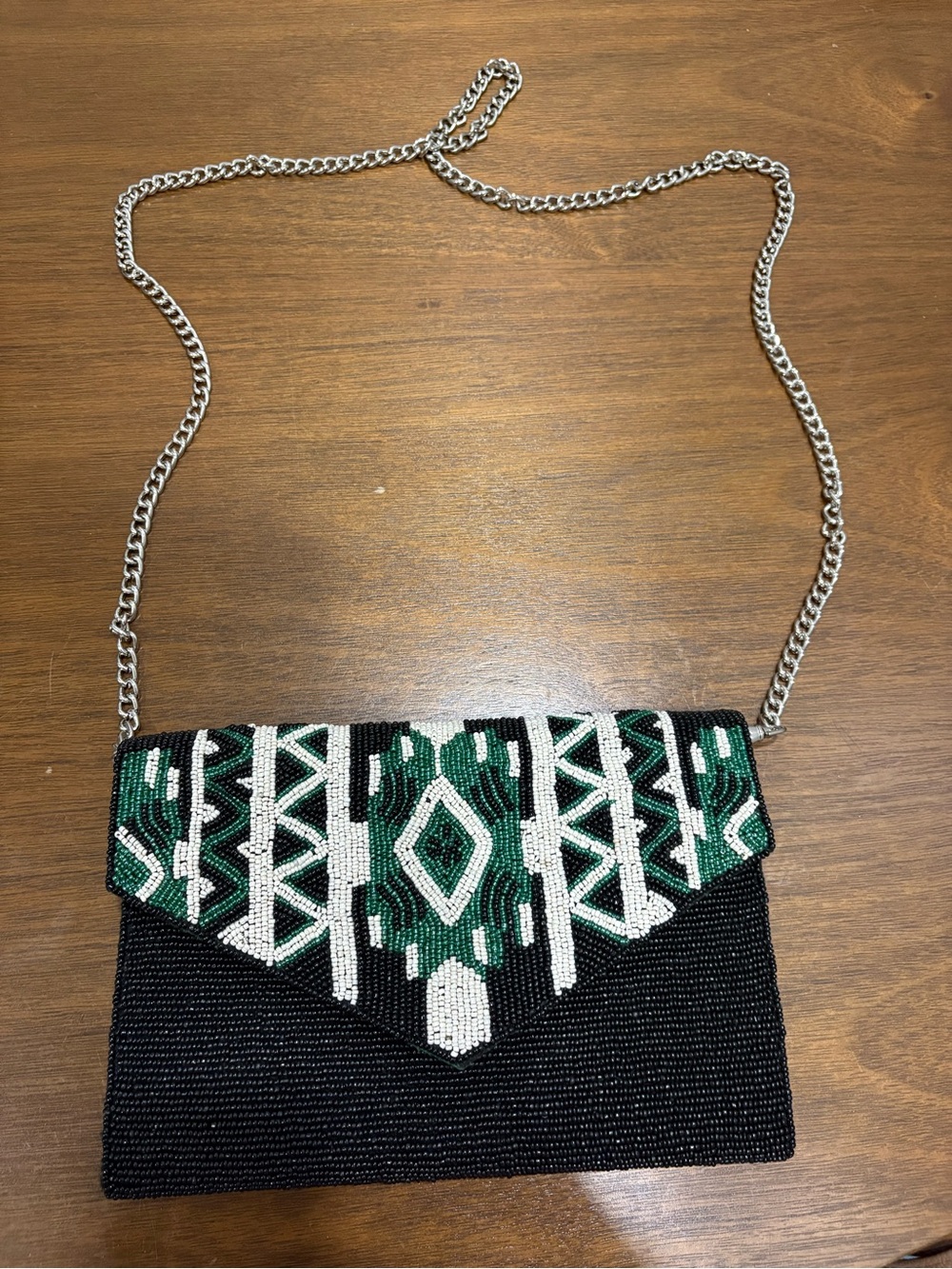 Beaded Black Envelope Clutch with Green & White Geometric Detail